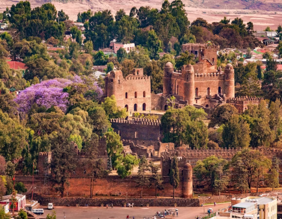 Fasil Ghebbi royal castle compound and medieval stone fortresses in Gondar, Ethiopia