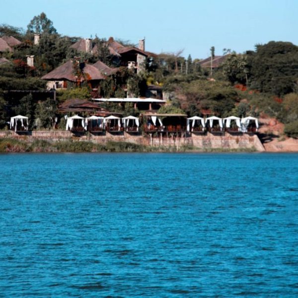 A crater lake at Bishoftu with a lakeside resort
