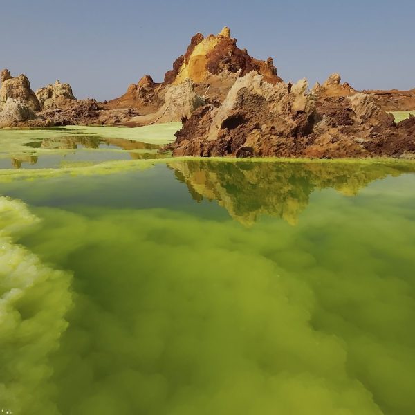 Green acid pools and mineral formations at Dallol in the Danakil Depression