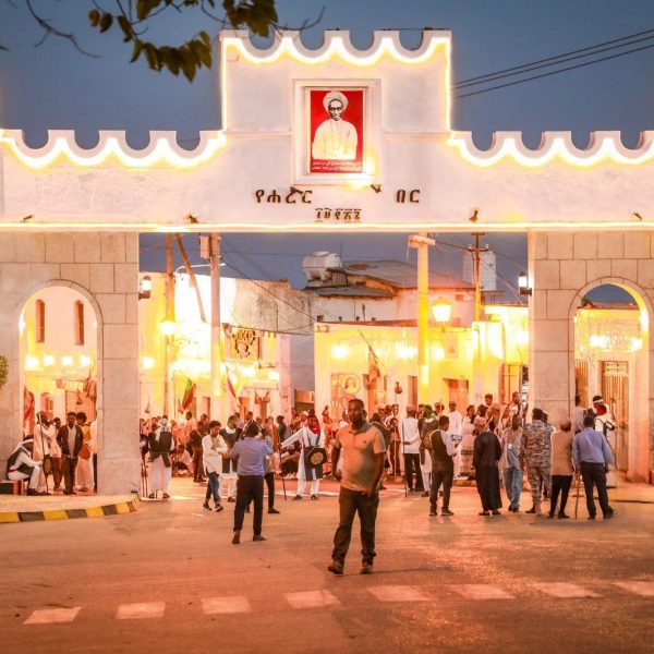 The illuminated Harar gate at dusk